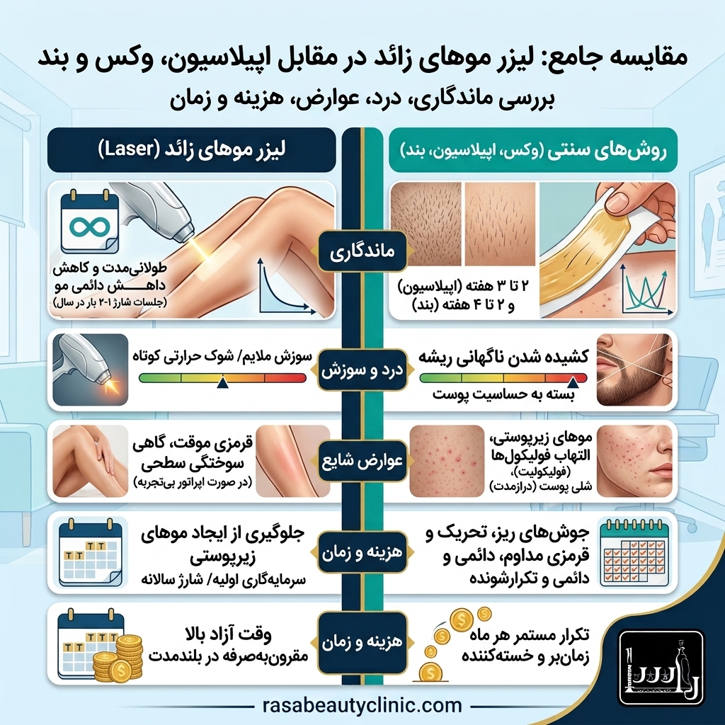 مقایسه ماندگاری، درد و عوارض جانبی

وقتی صحبت از مقایسه لیزر و روش‌های سنتی می‌شود، بررسی سه فاکتور ماندگاری، درد و عوارض پوستی اهمیت بالایی دارد:

 ویژگیلیزر موهای زائد اپیلاسیون و وکس بند انداختنماندگاری  طولانی‌مدت و کاهش دائمی مو ۲ تا ۳ هفته  ۲ تا ۴ هفته درد و سوزش  متوسط (احساس سوزش ملایم یا شوک حرارتی کوتاه) بالا (کشیده شدن ناگهانی ریشه) متوسط به بالا (بسته به حساسیت پوست)عوارض شایع قرمزی موقت، گاهی سوختگی سطحی (در صورت اپراتور بی‌تجربه)  موهای زیرپوستی، التهاب فولیکول‌ها (فولیکولیت)، شلی پوست در درازمدت جوش‌های ریز پوستی، تحریک و قرمزی موضعی

یکی از اصلی‌ترین موارد در تفاوت لیزر موهای زائد با اپیلاسیون، جلوگیری از ایجاد موهای زیرپوستی است. در اپیلاسیون به دلیل کنده شدن مو از ریشه، مسیر رشد منحرف می‌شود؛ اما لیزر با تضعیف ریشه، احتمال بروز موهای زیرپوستی را کاملاً از بین می‌برد.

بررسی هزینه و زمان صرف‌شده در بلندمدت

هنگام مقایسه هزینه لیزر با روش‌های دیگر، نگاه بلندمدت اهمیت دارد:

هزینه مالی: اگرچه هزینه اولیه هر جلسه لیزر بیشتر از یک بار اپیلاسیون سالن یا خرید موم است، اما چون پس از یک دوره کامل، نیاز به جلسات شارژ سالانه (۱ یا ۲ بار در سال) دارید، در بلندمدت (چند سال) بسیار مقرون‌به‌صرفه‌تر از هزینه‌های مداوم اپیلاسیون یا بند انداختن است.

زمان و حوصله: اپیلاسیون و بند انداختن نیازمند تکرار مستمر هر ماه هستند. در مقابل، لیزر وقت آزادی بالایی به شما می‌دهد؛ زیرا پس از تکمیل جلسات، دیگر درگیر اصلاح‌های ماهانه نخواهید بود.

در راسا کلینیک، متخصصان ما پس از بررسی نوع پوست و ضخامت موهای شما، تعداد جلسات تقریبی و برآورد هزینه را مشخص می‌کنند تا بهترین تصمیم را بگیرید.